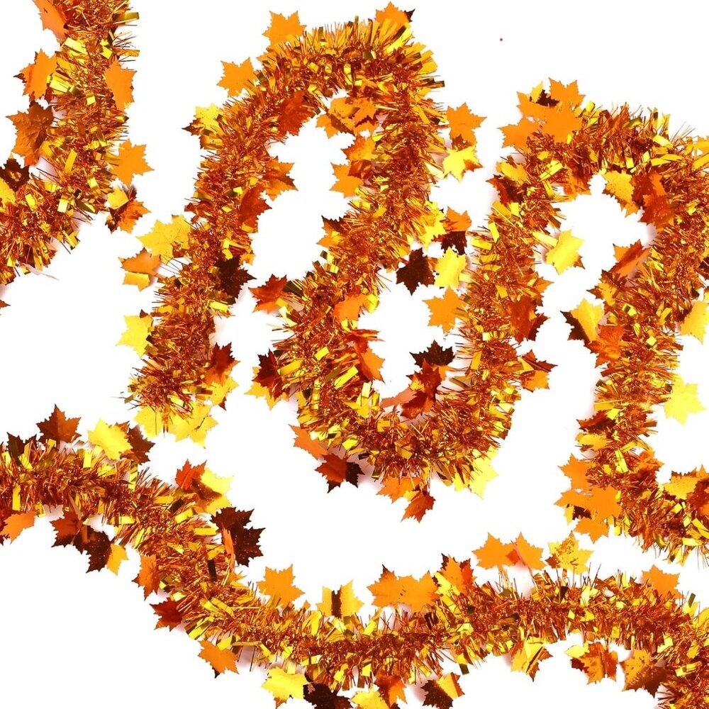 33ft Thanksgiving , Golden Copper Maple Leaf Glittering Hanging Metallic Tinsel